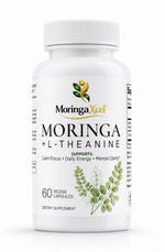 MoringaXcel™ Calm Energy dietary supplement bottle, front view, featuring Moringa leaf powder and L-Theanine, 60 vegetarian capsules.