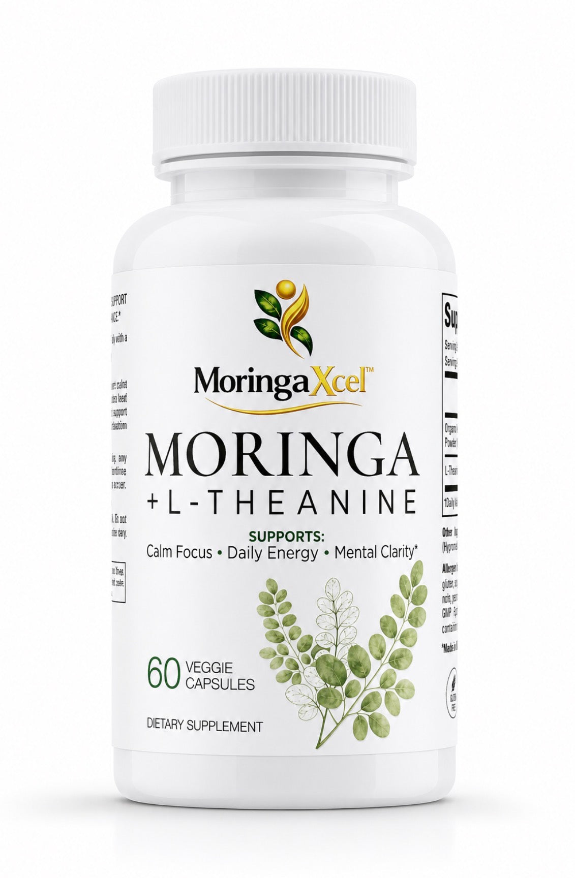 MoringaXcel™ Calm Energy dietary supplement bottle, front view, featuring Moringa leaf powder and L-Theanine, 60 vegetarian capsules.