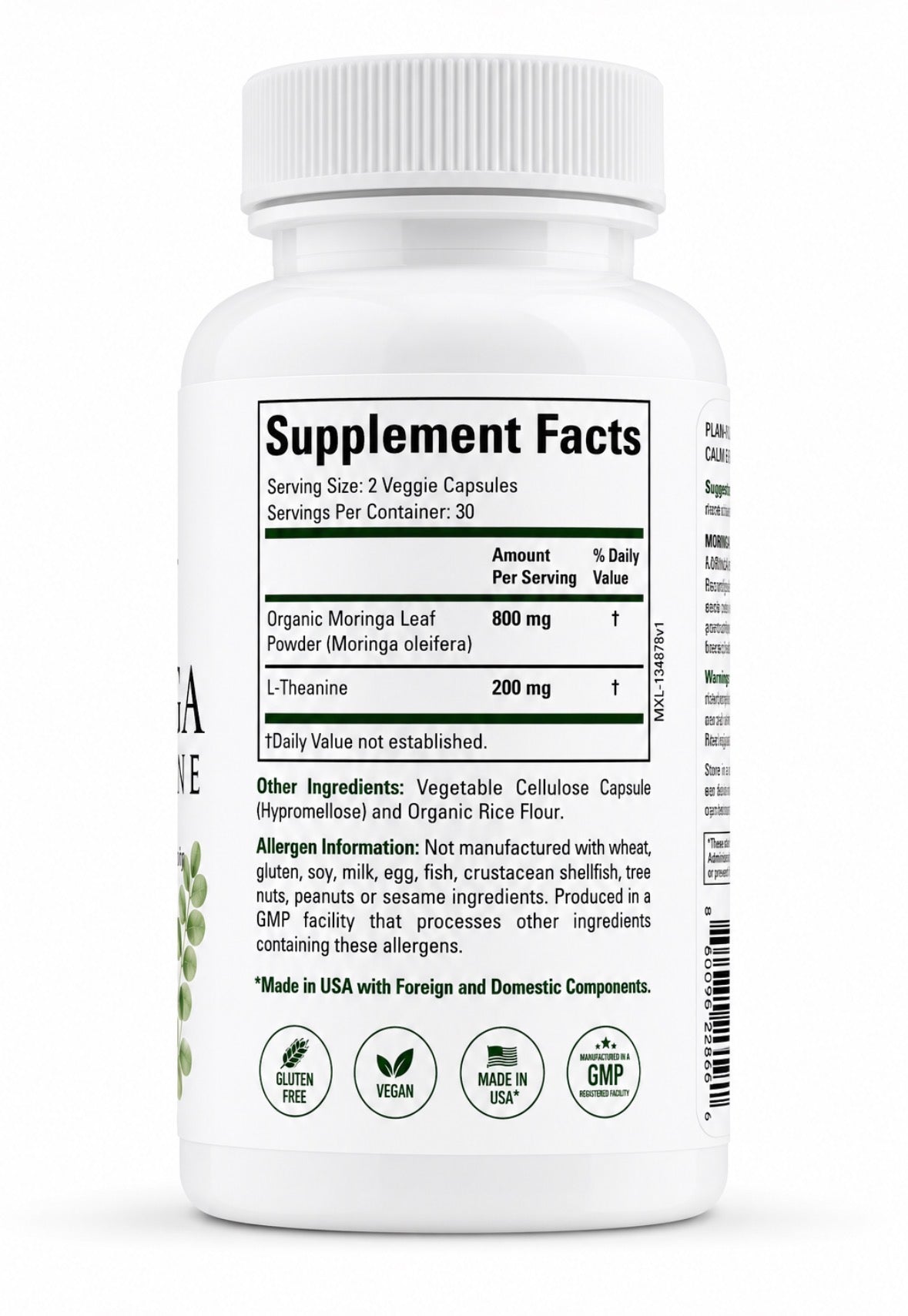 Supplement Facts label for MoringaXcel™ Calm Energy showing serving size, Moringa leaf powder, L-Theanine, and product information.