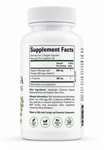 Supplement Facts label for MoringaXcel™ Calm Energy showing serving size, Moringa leaf powder, L-Theanine, and product information.