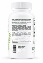 Back label of MoringaXcel™ Calm Energy with suggested use, warnings, storage information, and manufacturer information.
