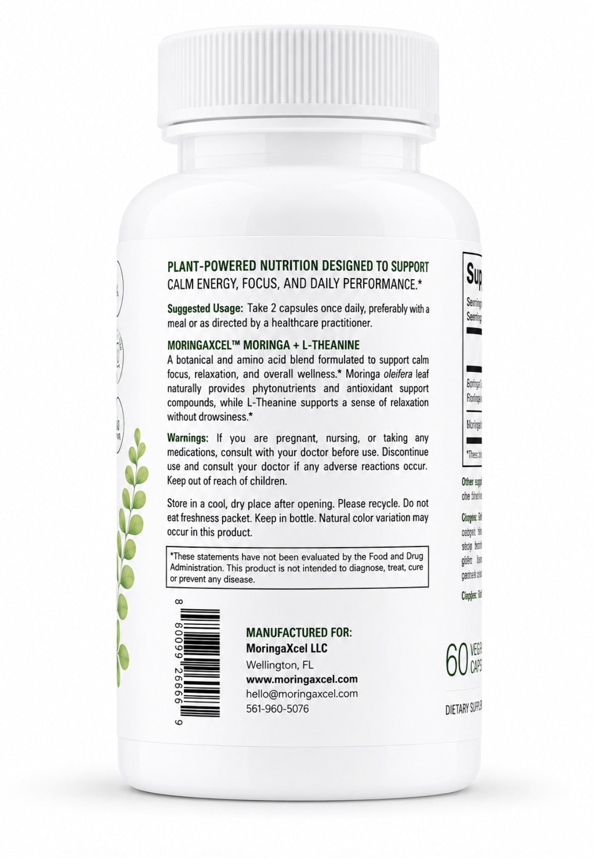 Back label of MoringaXcel™ Calm Energy with suggested use, warnings, storage information, and manufacturer information.
