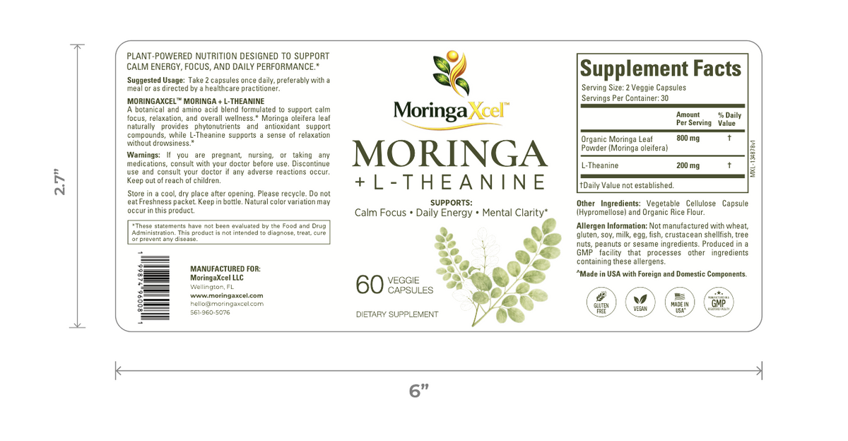 MoringaXcel™ complete wraparound product label showing Supplement Facts, ingredients, and product information.